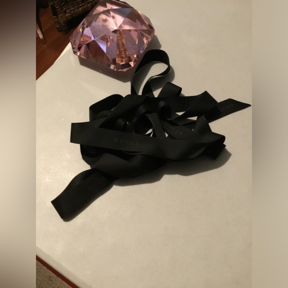 GUCCI BLACK WIDE LOGO PRINTED RIBBON 142” Long 1” OR A BIT MORE W